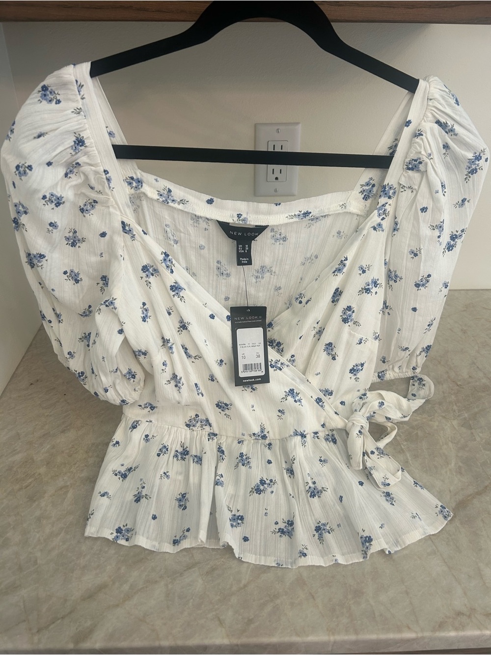 NWT New Look White Wrap Peplum Blouse with Blue Floral Print